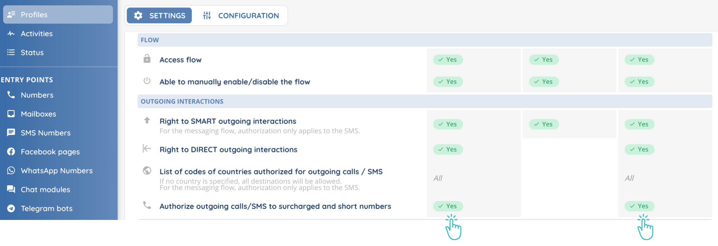 Allow calls and SMS to short numbers